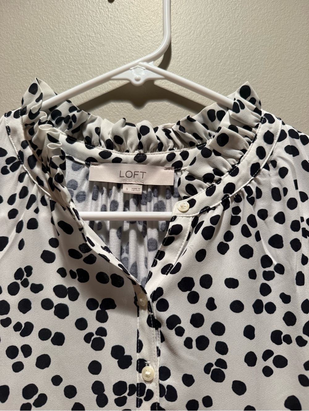 LOFT Black & White Ruffle Collar Polka Dot Blouse